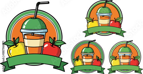 Assortment of stylized fruit juice cup vector logos featuring vibrant apples and blank ribbon banners perfect for branding delicious fresh beverages