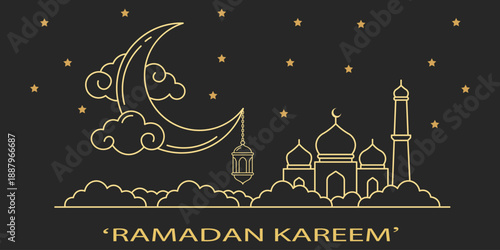 Ramadan Celebration Illustration: A beautiful line art illustration of the crescent moon, stars, mosque, and lantern depicts the holy month of Ramadan, showcasing faith and devotion.