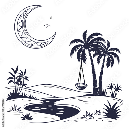Flat vector design showing a crescent moon and stars above a desert oasis with palm trees and a small pool of water at night