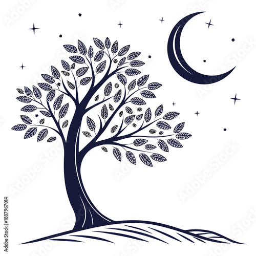 Flat vector design of a thin crescent moon shining over a single silhouette tree in a peaceful night landscape with a simple sky