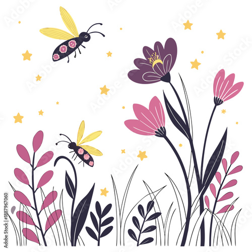 Flat vector design of glowing fireflies flying over a colorful field of flowers in the night creating a magical and dreamy atmosphere