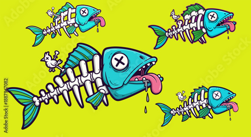 Cartoon illustration of stylized turquoise fish skeletons featuring exposed white bones and protruding tongues against a vibrant yellow background design element