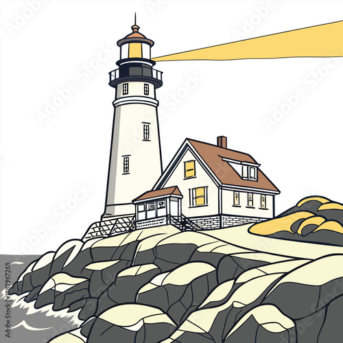 Minimalist vector art of a classic lighthouse standing on a rocky coast by the sea with clean lines and simple colors on a white background