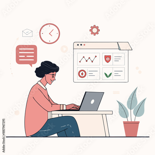 A person creating a flat minimalist vector illustration on a laptop at a desk with a plant nearby and various icons floating above