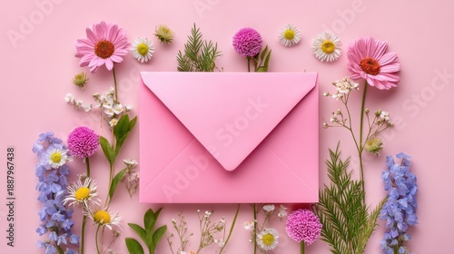 Pink envelope surrounded by colorful flowers on a pastel background.