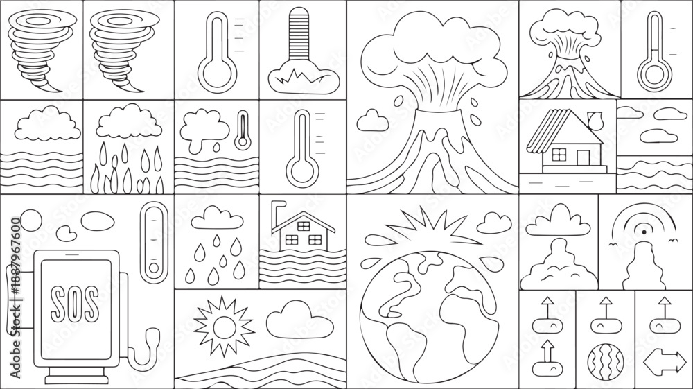 Obraz premium Natural Disaster and Weather Icons Set – Climate and Environment Symbols
