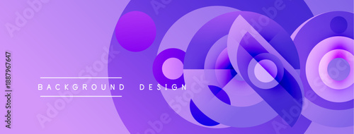 Purple abstract circles overlap creating dynamic background. Modern design features gradients, shapes, text elements.