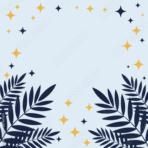 Stylized botanical leaves and celestial stars forming a decorative border on a serene blue backdrop for design projects