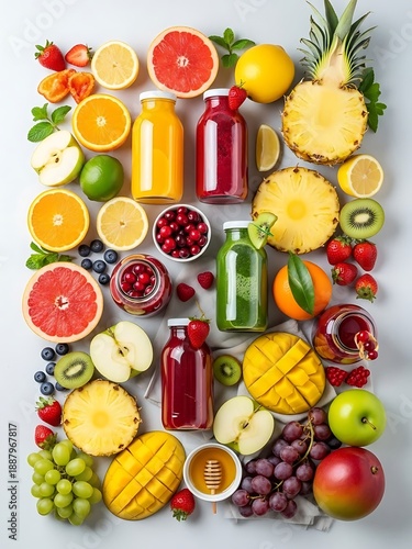 Vibrant assortment of colorful fruits and invigorating fresh juices