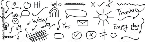 A collection of various hand drawn doodles and symbols on a white background