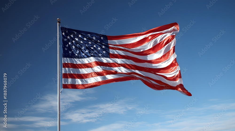 Fototapeta premium American flag waving gently against clear sky solemn patriotic atmosphere