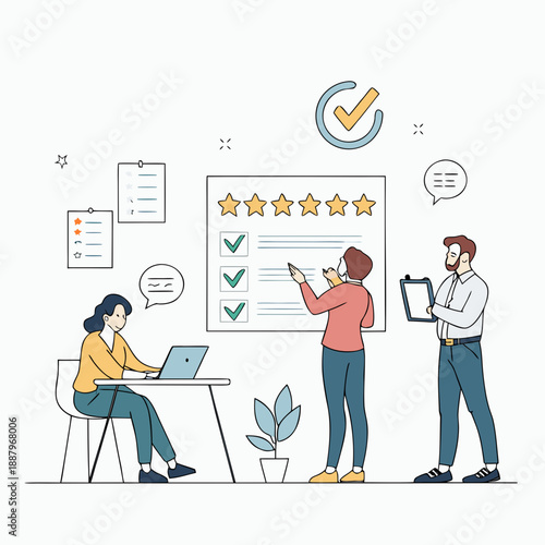 Three professionals collaborating on a project with a large checklist and rating system on a whiteboard in a modern office environment from a straightforward viewpoint