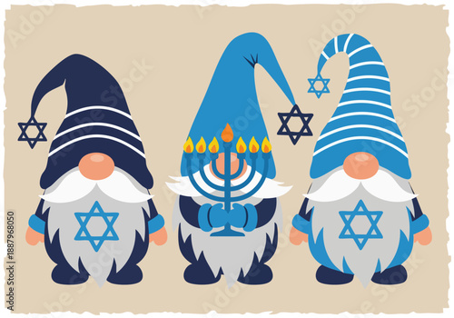 Three festive hanukkah gnomes adorned with star of david and menorah symbols celebrating holiday spirit on a neutral background with a decorative