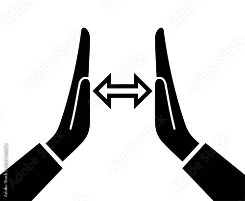 A hand gesture icon indicating size or length, volume, or distance. A pictogram of size or width. A gesture made with two palms, with space between them. Dimensions or parameters.