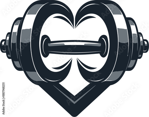 Sleek dark dumbbell icon creatively stylized to form a strong heart shape symbolizing dedication to fitness health and muscular strength training programs for dedicated athletes