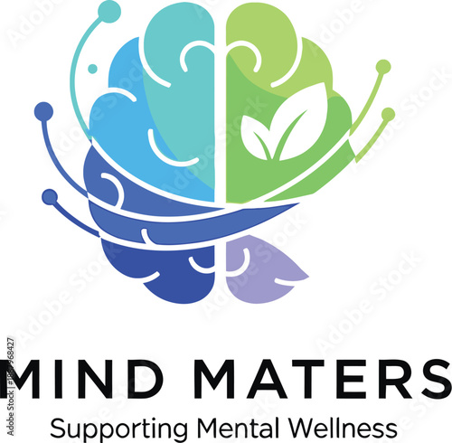 Abstract stylized logo design featuring a colorful split brain icon symbolizing mental wellness growth and technological interconnectedness for a brand named mind maters supporting emotional health.
