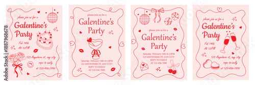 Galentine’s Day hand drawn vintage party invitation card set with coquette ribbon frames, hearts, bows, cherries, cakes, wine glass and playful doodles. Template for celebration, ads, branding, banner
