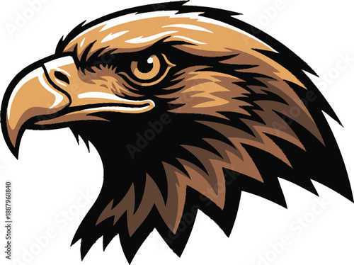 Striking vector illustration of a majestic golden eagle head in profile showcasing sharp detail and fierce yellow eyes perfect for sports team mascots or emblem design projects needing avian power