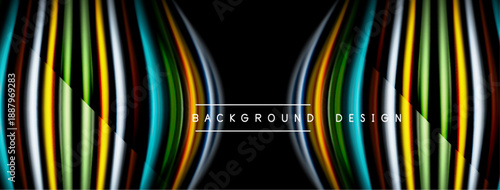 Abstract vibrant lines create dynamic shapes against black background. Modern design features colorful gradients, smooth curves.