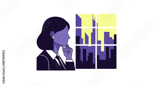 Businesswoman in thought, looking out a window at a stylized cityscape, representing contemplation and career aspirations