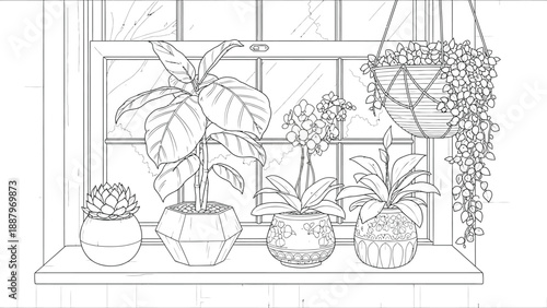 Beautiful assortment of potted houseplants including a large leafy specimen orchid succulent and trailing vine displayed elegantly on a bright interior window ledge ready for coloring activities.
