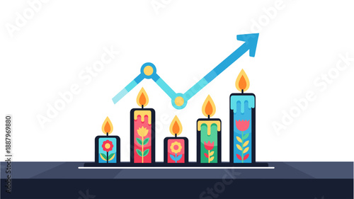Candlestick chart with rising trend line and decorative candles symbolizing growth and success