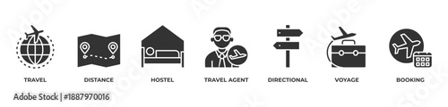 From Distance to Destination Icons set vector illustration glyph with Travel, Distance, Hostel, Travel agent, Directional, Voyage, Booking