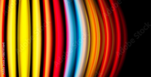 Abstract colorful lines form curved pattern. Bright hues contrast against dark background. Modern digital art composition.