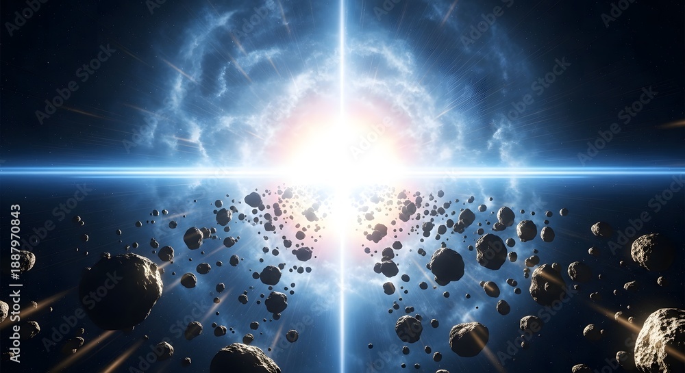 Fototapeta premium Cosmic explosion in space with asteroid field and bright light beam