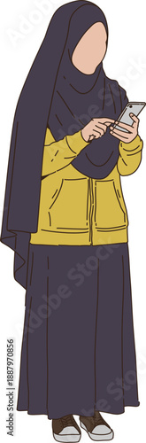 Minimalist Illustration of Muslim Woman Using Smartphone