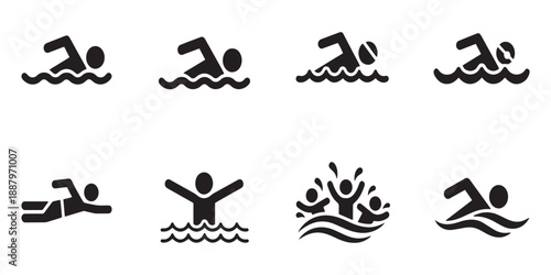 Set of 8 Black Swimming People Icons Vector