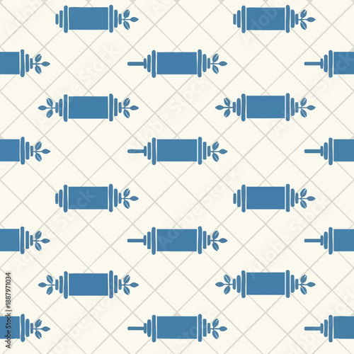 Pattern of blue decorative spindles and leaves on a subtle diamond background for graphic design purposes