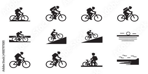 Set of 12 Black Cycling and Mountain Biking Vector Icons