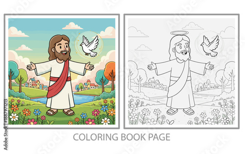 Jesus Christ with Holy Spirit Dove Coloring Book Page and Colorful Cartoon Illustration for Kids Bible Stories
