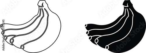 Minimalist graphic illustration of a banana bunch in both outline and solid black silhouette