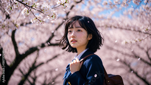 満開の桜並木を通学する制服姿の女子高生 春の入学式と新学期のポートレート
