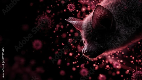 A close-up of a bat with a dramatic red and black background, featuring swirling particles that suggest an intriguing, almost mystical atmosphere.