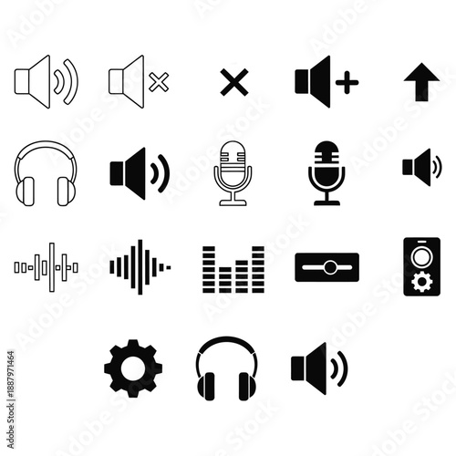 Black and white sound and audio icons set with various symbols