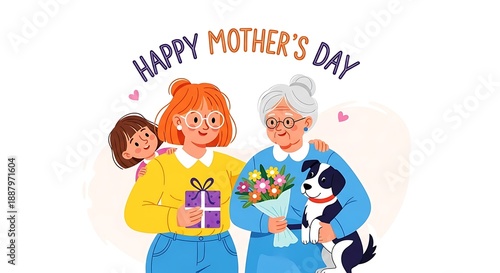 Happy mother's day family celebration with kids and dog