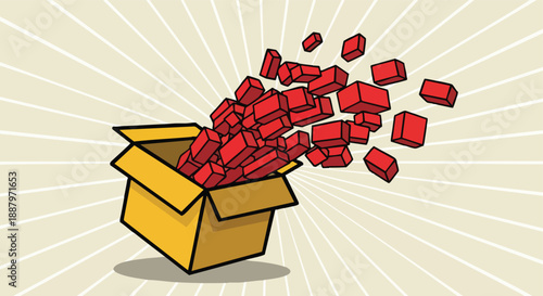 An overflowing cardboard box releasing a cascade of red building blocks against a radial background for conceptual representation