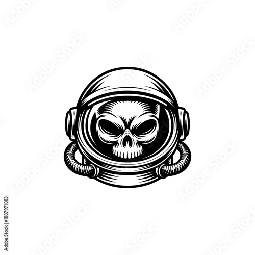 A black and white vector illustration of an alien wearing a detailed glass space helmet. Features a bold graphic style with high contrast and clean lines on white.