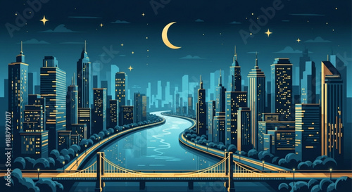 Cityscape at night with river bridge and crescent moon in the sky