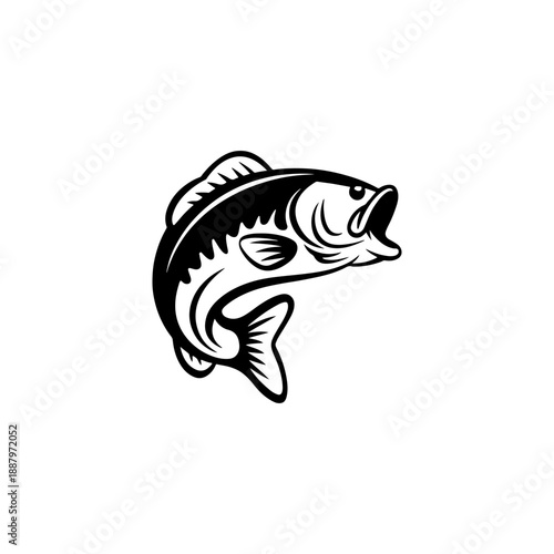 A bold black and white vector illustration of a bass fish jumping. The design features a dynamic pose with thick outlines and detailed scales on a white background.