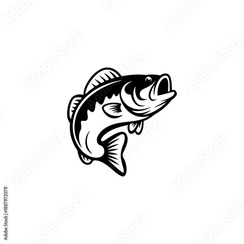 A bold black and white vector illustration of a bass fish jumping. The design features a dynamic pose with thick outlines and detailed scales on a white background.