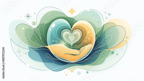 Abstract heart symbol in hands with swirling green and yellow shapes conveying love and care on white background with sparkles