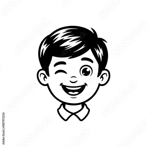 A cheerful black and white vector illustration of a winking boy. This clean, modern graphic features bold outlines and a friendly expression isolated on a white background.