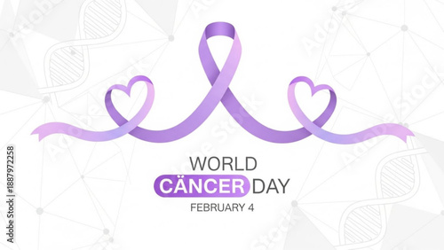 World cancer day awareness ribbon with purple hearts on white background symbolizing support and solidarity on february 4th