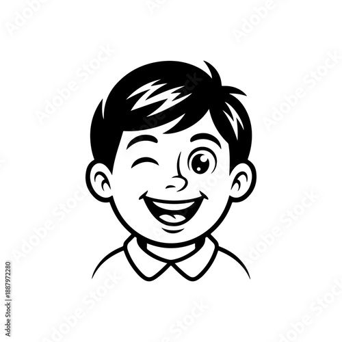 A cheerful black and white vector illustration of a winking boy. This clean, modern graphic features bold outlines and a friendly expression isolated on a white background.