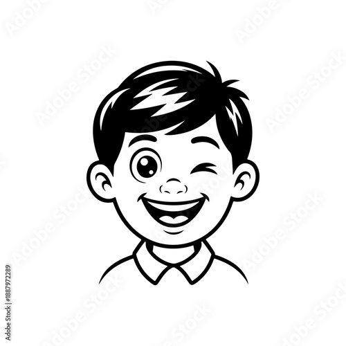 A cheerful black and white vector illustration of a winking boy. This clean, modern graphic features bold outlines and a friendly expression isolated on a white background.