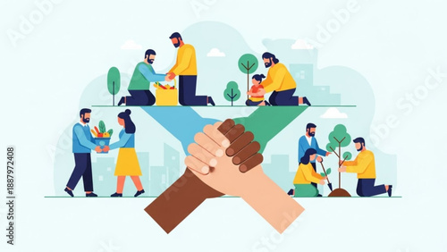 People planting trees and holding hands in a symbolic gesture of environmental conservation and teamwork